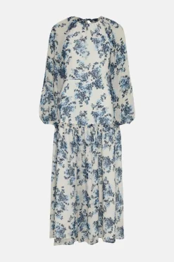 Online Oasis Soft Floral Tiered Hem Midi Dress Ivory
