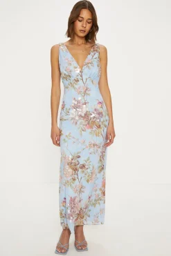 Clearance Oasis Soft Floral Tonal Sequin V Neck Midi Dress Pale Blue