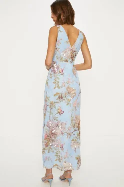 Clearance Oasis Soft Floral Tonal Sequin V Neck Midi Dress Pale Blue