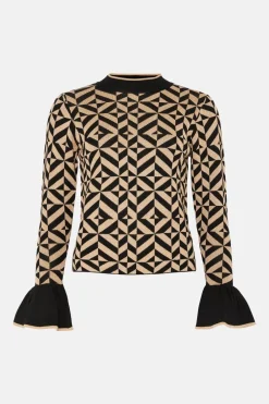 Discount Oasis Sparkle Geo Jacquard Frill Sleeve Knitted Top Gold