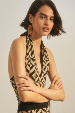 New Oasis Sparkle Geo Jacquard Knitted Halter Jumpsuit Gold