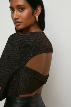 Discount Oasis Sparkle Slash Neck Twist Back Knit Top Bronze