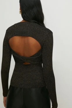 Discount Oasis Sparkle Slash Neck Twist Back Knit Top Bronze