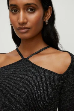 Fashion Oasis Sparkle Strappy Yoke Knit Top Black