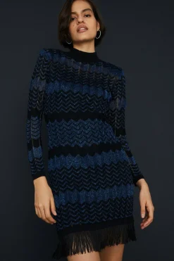 Online Oasis Sparkle Zig Zag Fringe Hem Knitted Mini Dress Blue
