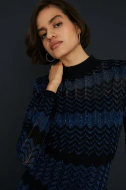Online Oasis Sparkle Zig Zag Fringe Hem Knitted Mini Dress Blue