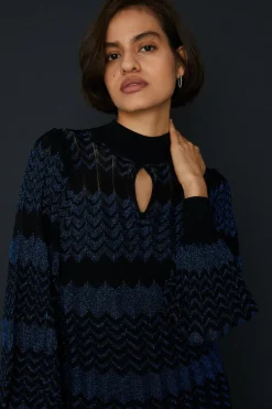 Sale Oasis Sparkle Zig Zag Fringe Hem Midi Dress Blue