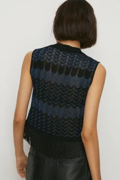 Online Oasis Sparkle Zig Zag Fringe Hem Knit Top Blue