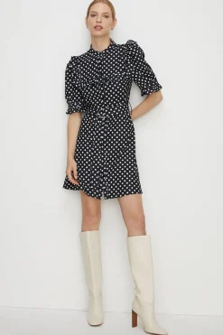 Sale Oasis Spot Print Frill Crepe Skater Dress Black