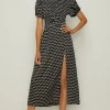 Fashion Oasis Spot Ruched Puff Sleeve Midi Dress Mono