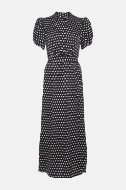 Fashion Oasis Spot Ruched Puff Sleeve Midi Dress Mono