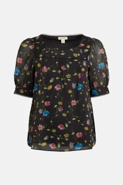 Outlet Oasis Square Neck Pretty Floral Blouse Black