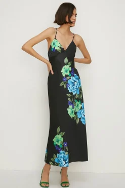 Outlet Oasis Statement Floral Satin Bias Midi Dress Black