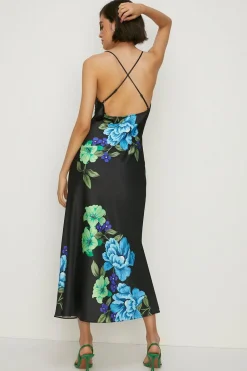 Outlet Oasis Statement Floral Satin Bias Midi Dress Black