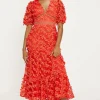 Fashion Oasis Statement Flower Embroidered V Neck Midi Dress Red Orange