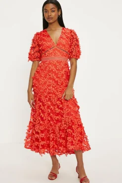 Fashion Oasis Statement Flower Embroidered V Neck Midi Dress Red Orange