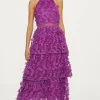 Online Oasis Statement Flower Embroidered Tiered Halter Midi Dress Purple
