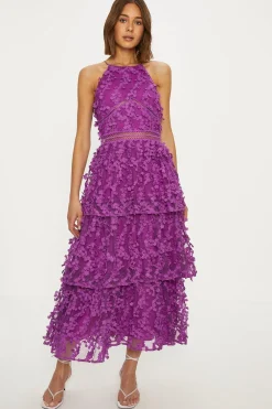 Online Oasis Statement Flower Embroidered Tiered Halter Midi Dress Purple