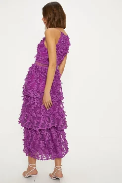 Online Oasis Statement Flower Embroidered Tiered Halter Midi Dress Purple