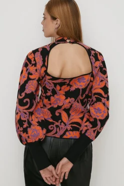 Online Oasis Statement Jacquard Open Back Knitted Top Black