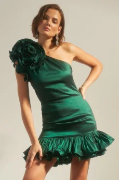 Sale Oasis Statement One Shoulder Ruffle Mini Dress Green