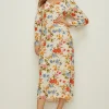 Outlet Oasis Stem Floral Volume Sleeve Midi Dress Ivory