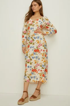 Outlet Oasis Stem Floral Volume Sleeve Midi Dress Ivory
