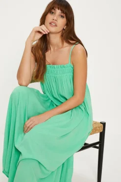 Hot Oasis Strappy Frill Crinkle Midi Dress Green