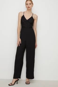 Sale Oasis Strappy Lace Mix Crepe Wide Leg Jumpsuit Black