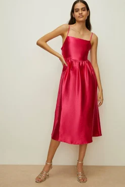 Outlet Oasis Strappy Satin Twill Bow Back Midi Dress Bright Pink