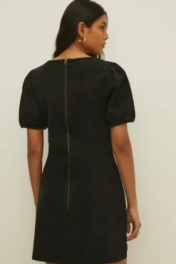 Sale Oasis Stretch Denim Puff Sleeve Shift Dress Yellow