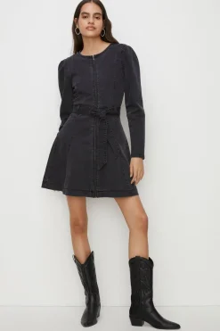 Discount Oasis Stretch Denim Zip Through Skater Dress Black