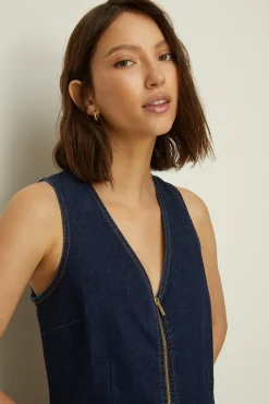 Outlet Oasis Stretch Denim Zip Through Shift Dress Mid Wash