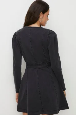 Discount Oasis Stretch Denim Zip Through Skater Dress Black