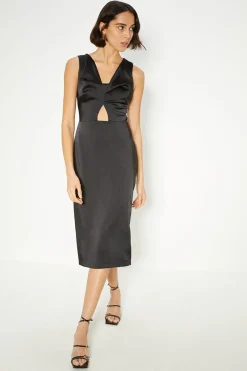 Outlet Oasis Stretch Satin Twist Detail Midi Dress Black