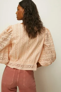Outlet Oasis Stripe Broderie Tie Waisted Top Ecru