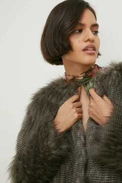 Fashion Oasis Stripe Faux Fur Collarless Coat Grey
