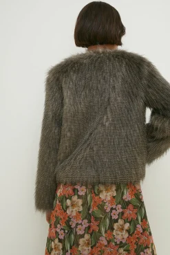 Fashion Oasis Stripe Faux Fur Collarless Coat Grey