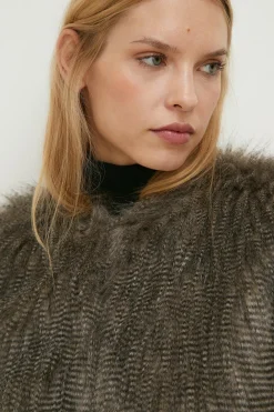Fashion Oasis Stripe Faux Fur Collarless Coat Grey