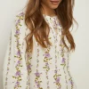 Outlet Oasis Stripe Floral Printed Keyhole Midi Dress Ivory