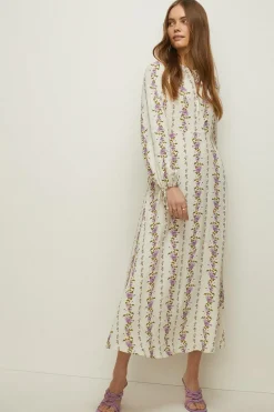 Outlet Oasis Stripe Floral Printed Keyhole Midi Dress Ivory