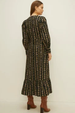 Hot Oasis Stripe Floral Wrap Midi Dress Black
