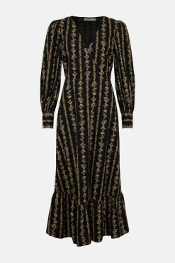 Hot Oasis Stripe Floral Wrap Midi Dress Black