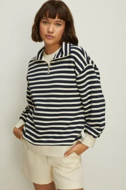 New Oasis Stripe Half Zip Collar Sweatshirt Rose