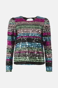 Sale Oasis Stripe Sequin Puff Sleeve Top Multi