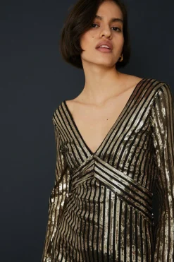 New Oasis Stripe Sequin V Neck Mini Dress Metallic Gold