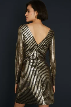 New Oasis Stripe Sequin V Neck Mini Dress Metallic Gold
