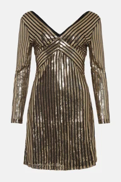New Oasis Stripe Sequin V Neck Mini Dress Metallic Gold