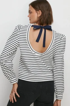Fashion Oasis Stripe Tie Back Crew Neck Sweatshirt Navy