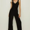 New Oasis Stud Velvet Hotfix Tie Shoulder V Neck Jumpsuit Black